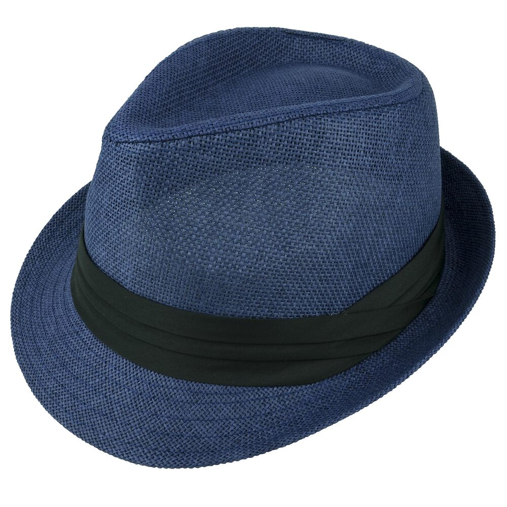 2290 Summer Fedora Panama Straw Hats with Black Band M215-Navy-L/XL